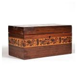 MICROMOSAIC MARQUETRY TEA CADDY | Marquetry inlaid top with a micromosaic border, and with a band of