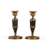 (2pc) PAIR FRENCH BRONZE CANDLESTICKS | Spun bronze with black sections and finely engraved patterne