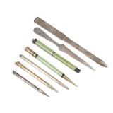 (7pc) TIFFANY STERLING, PARKER & OTHER DESK ITEMS | Including two Bakelite and gold Parker pens (one