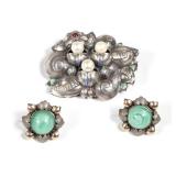 (3pc) JENSEN-STYLE STERLING JEWELRY | Including a signed pin with old enamel, a single red cabochon,