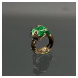 14k GOLD & ENAMEL FROG RING | Designed as a green enameled frog with faceted stone eyes, the legs ex