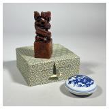DAVID MOSS CHINESE STAMP & BOX | Carved stone Chinese stamp with twisted dragons and dragon decorate