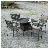 (5pc) PATIO SET | Outdoor dining suite comprising: 4 curved metal and woven armchairs with x-stretch