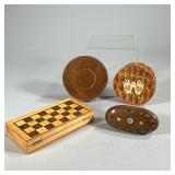 (4pc) GAME & DECORATIVE BOXES | Including; folding chess set with piece storage, round carved ball g