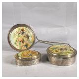 (3pc) MOTHER OF PEARL MIRROR & MAKEUP SET | Includes: small mirror and 2 small engraved metal boxes 