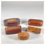 (4pc) CARVED SNUFF BOXES | Including; small floral boxes, Star carved stamp box, and coffin-like box