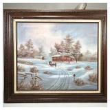 SIGNED WINTERSCAPE PAINTING | Winterscape with cabin. Oil on canvas. 20 x 24 in. Signed lower right,