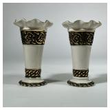 (2pc) Pair Belleek Vases | With black and gilt decoration and scalloped rim, marked on the bottoms. 