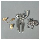 (3pc) Cat Pins | Fun! Cat-form brooches in gold and silver tones, one marked “JJ” - h. 4 in (largest