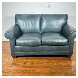 CLASSIC LEATHER LOVESEAT | Azure green leather 2-cushion sofa/loveseat from Classic Leather, nearly 