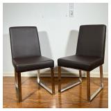 (2pc) PAIR BROWN LEATHER SIDE CHAIRS | Pair of brown leather side chairs with metal vase - h. 36 x w
