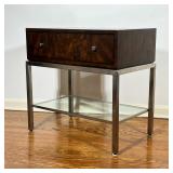 ETHAN ALLEN SIDE TABLE | Having full-width drawer over glass shelf with burl wood veneer - h. 25 x w