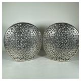 (2pc) PAIR ALUMINUM JALI VASES | Round aluminum vases with geometric patterns cut through sides and 
