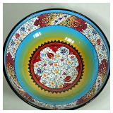 COLORFULLY GLAZED BOWL | Colorfully glazed serving bowl with flowers - h. 4 x dia. 12 in