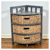 CORNER SHELVING UNIT | Having 3 wicker drawers - h. 27.5 x w. 15.5 x l. 15.5 in