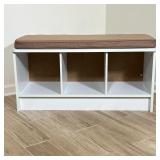STORAGE BENCH | Wood storage bench with foam cushions over 3 cubbies - h. 19 x w. 14 x l. 36 in