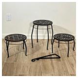 (4pc) IRON PLANT STANDS | Including 3 cast iron plant stands and hook - h. 15 x dia. 12 in (largest)