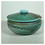SIGNED ART POTTERY LIDDED BOWL | Raku glazed art pottery bowl with lid & signature on bottom - h. 6 