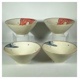 (4pc) LARGE SOUP BOWLS | Ceramic glazed large soup/ramen bowls decorated with fish - h. 4 x dia. 9 i