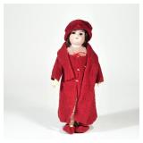 Antique German Porcelain Head Doll | Porcelain head, natural hair, in red wool clothing; accompanied