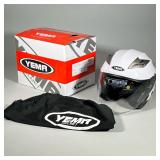 YEMA MOTORCYCLE HELMET | Yema white motorcycle helmet size medium, having drop-down tinted visor and