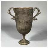 PERSIAN ENGRAVED CHALICE | Large double-handled chalice or trophy cup. - h. 11.5 x w. 10 x d. 5.5 in