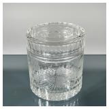 ETCHED GLASS JAR | Small round lidded jar with etched floral design. - h. 4.25 x dia. 4 in