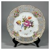 DRESDEN RETICULATED PLATE | Floral spray in the center with a gilt and reticulated rim, marked on th