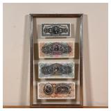 COSTA RICAN CURRENCY | Four Costa Rican bills float-mounted in a frame, including 1, 5, 10, and 10 C