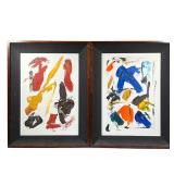 PAIR ABSTRACT PAINTINGS | Abstractions in browns and blues. A pair of modern expressionist acrylic o