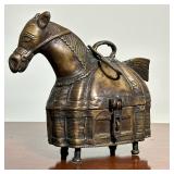 Bronze donkey-form box | Basket style donkey-form box with a latching hinged lid and hanging hook- h
