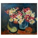 SIGNED STILL LIFE PAINTING | Oil on canvas with impasto, tabletop still life showing fruits and flow