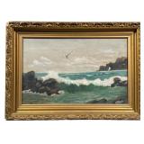 H. W. MARSH, OIL ON CANVAS | Seascape. Oil on canvas painting. Showing a bird in flight over the sea