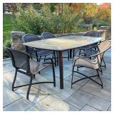 (7pc) BROWN JORDAN PATIO DINING SET | Outdoor furniture dining suite, including six armchairs (h. 34