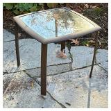 Brown Jordan Patio Side Table | Outdoor patio side table having a glass top on a metal base. - h. 16