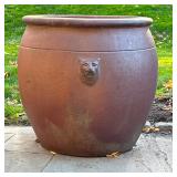 Large Pottery Planter | With lions heads. - h. 25 x dia. 24 in