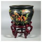 JARDINERE PLANTER | Paint decorated with birds, flowers, and leaves on a conforming wood stand, no a