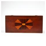 ANTIQUE INLAID WOOD BOX | Having a hinged lid with parquetry inlay with contrasting woods, with two 