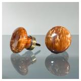 (2pc) GLAZED CERAMIC PULLS | Screw-type knobs or drawer pulls, mottled brown glaze in a faux-tortois