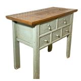 ANTIQUE SIDE TABLE | Having carved wood top over 2 splits width drawers over 3 1/3 width drawers pai