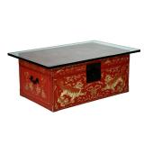 CHINESE GILT LEATHER BOX | The box with metal carrying handles and hardware, with allover gilt decor