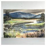 ETHEL H. BLUM WATERCOLOR | Inlet, Somesville Mountainous landscape, watercolor on Arches paper. Sign