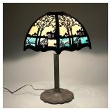 SLAG GLASS TABLE LAMP | Formed brass or other metal over a milky blue / white glass shade with a rep