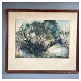 Newbauer Watercolor | Watercolor painting on paper depicting a cool-toned tree scene, signed "Newbau
