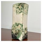 STENCILED POTTERY VASE | Square form vase with glazed stenciled flower decoration, with impressed st