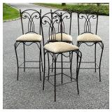 (4pc) WROUGHT IRON BARSTOOLS | Tall counter height bar stools with dark brown metal frames and patte