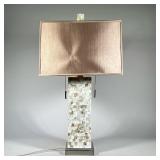 MOTHER of PEARL MOSAIC TABLE LAMP | Iridescent mother of pearl mosaic column on a chrome / stainless