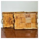 (2pc) PAIR BAMBOO TRAYS | Two small decorative or serving trays with woven bamboo pattern. - w. 9.5 