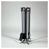 (5pc) WROUGHT IRON FIREPLACE TOOL SET | Modern design fireplace set comprising four tools on a match