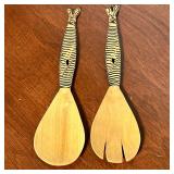 (2pc) PAIR ZEBRA SALAD SERVER | Carved and painted wood salad servers with Zebra-form handles. - l. 